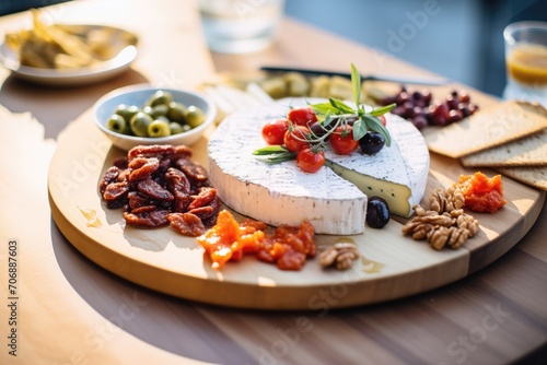 camembert on a cheese board with olives and sun-dried tomatoes