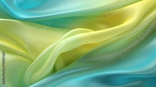 Flowing waves of multicolored satin fabric, blending vibrant yellow, green, and blue hues in a silky texture.