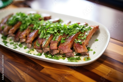 ribs on a platter garnished with parsley