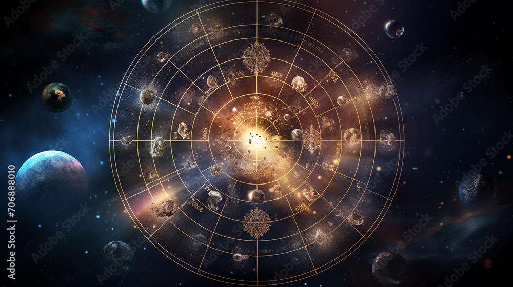Zodiac signs inside of horoscope circle. Astrology in the sky with many stars and moons astrology and horoscopes concep. - obrazy, fototapety, plakaty 