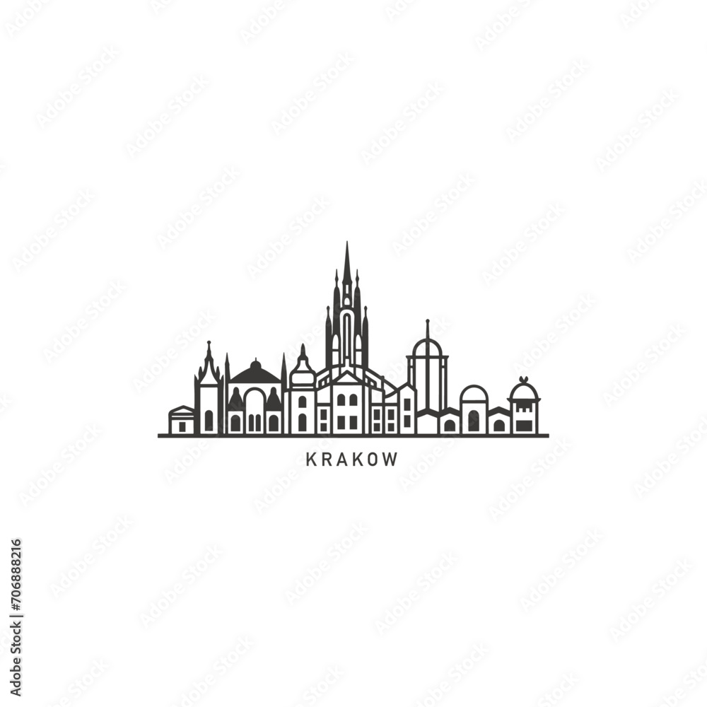 Krakow cityscape skyline city panorama vector flat modern logo icon. Poland town emblem idea with landmarks and building silhouettes. Isolated thin line graphic
