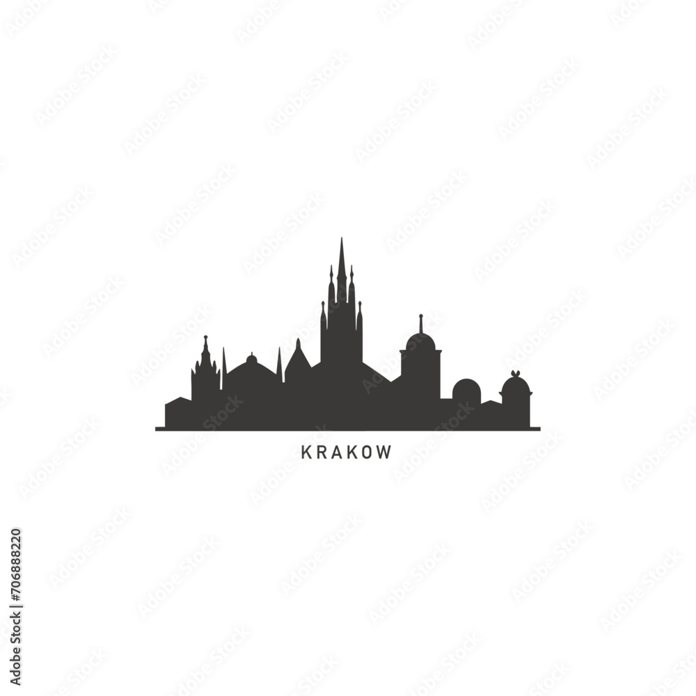 Krakow City cityscape skyline panorama vector flat modern logo icon. Poland town emblem idea with landmarks and building silhouettes. Isolated black shape graphic
