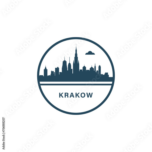 Krakow City cityscape skyline panorama vector flat modern logo icon. Poland town emblem idea with landmarks and building silhouettes. Isolated black shape graphic