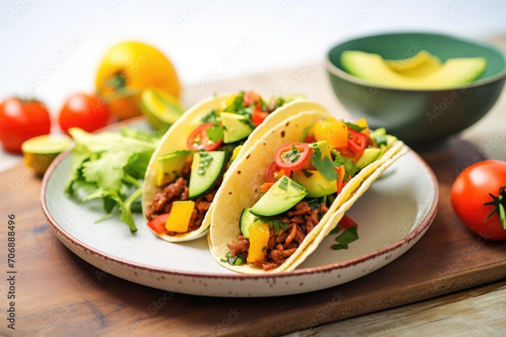 vegan style beef substitute taco with avocado slices vegan style beef substitute taco with avocado slices