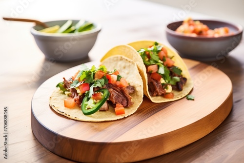 soft shell beef tacos with salsa and guac on wooden board