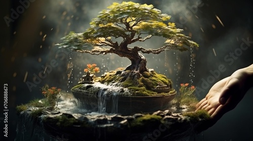 Craft an otherworldly image of a bonsai tree growing on a floating island  with your fingerprints as leaves carrying messages of love.