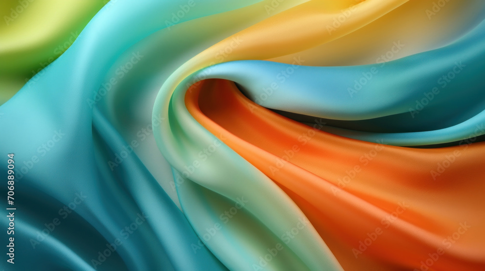 Flowing waves of satin fabric in a vibrant blend of blue, green, orange, and yellow tones.