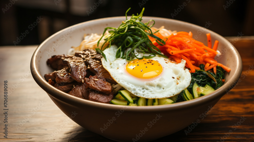 Bibimbap meal with gable beef and fried egg