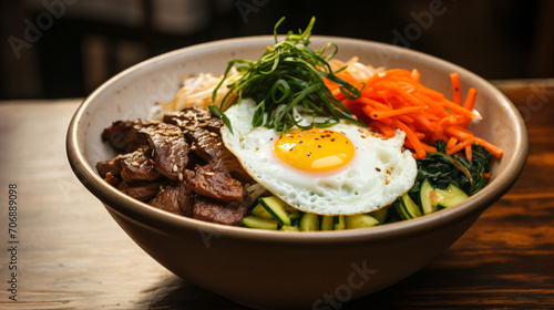 Bibimbap meal with gable beef and fried egg