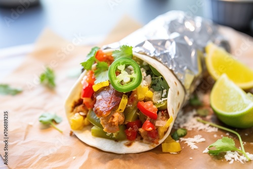 breakfast burrito with eggs, sausage, and peppers, foil-wrapped