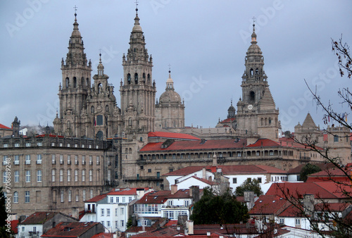 Photo of a view of the Cathedral of Saint James (Catedral de Santiago de Compostela) in the historic center of the city of Santiago de Compostela in the region of La Coruna, in northern Spain
