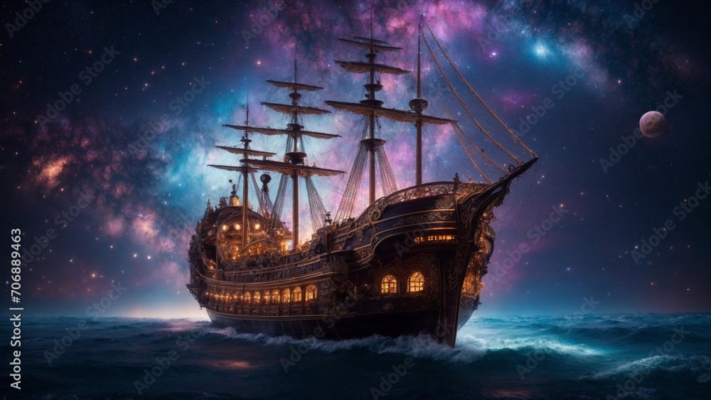 In the midst of a time-worn cosmos, a breathtaking steampunk caravel sails amidst the electrifying wonders of the universe, captured in a mesmerizing long exposure cinematic photograph. 