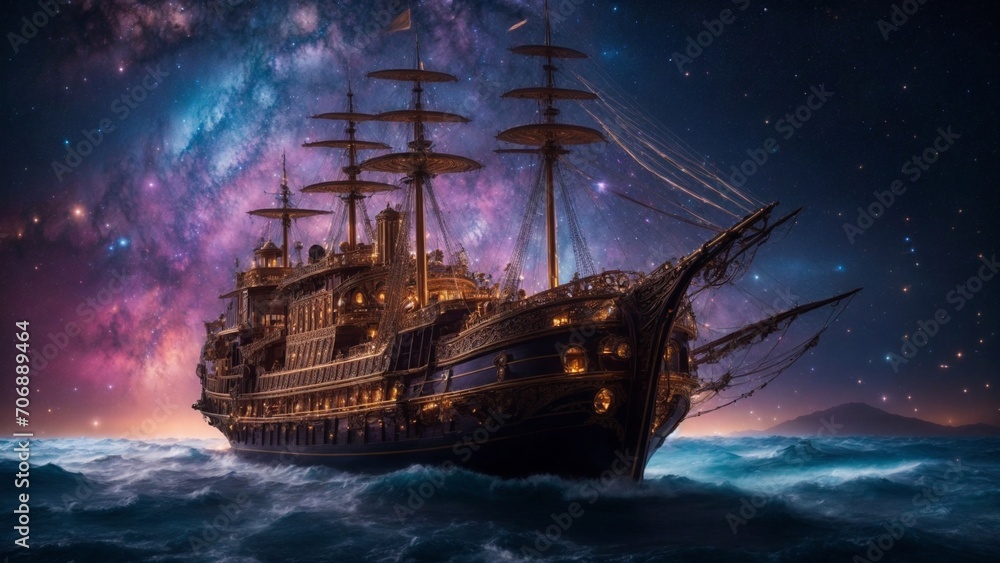 Fototapeta premium In the midst of a time-worn cosmos, a breathtaking steampunk caravel sails amidst the electrifying wonders of the universe, captured in a mesmerizing long exposure cinematic photograph. 