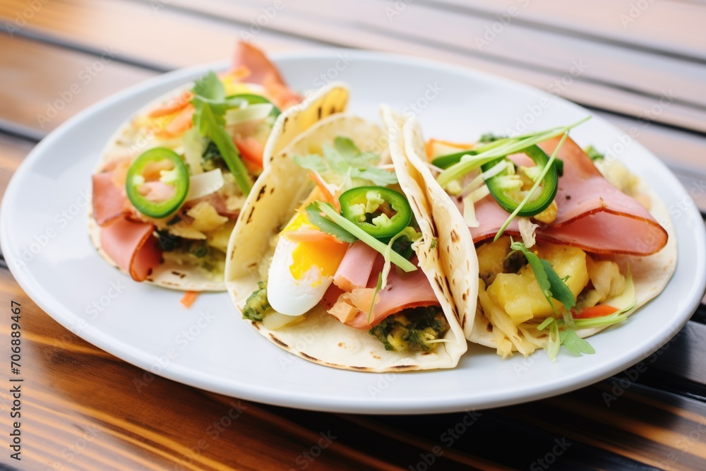 grilled breakfast tacos with ham, eggs, and green onions grilled breakfast tacos with ham, eggs, and green onions