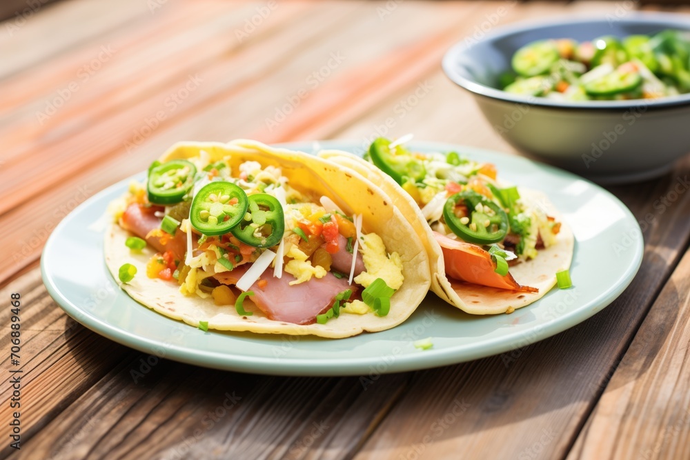 grilled breakfast tacos with ham, eggs, and green onions grilled breakfast tacos with ham, eggs, and green onions