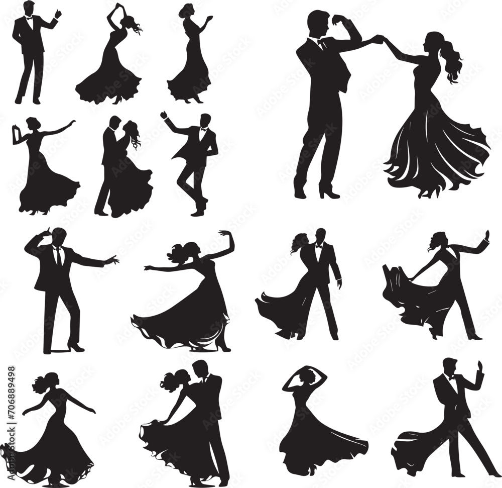 Young couples silhouette dancing on white background  - obrazy, fototapety, plakaty 