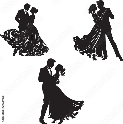 Young couples silhouette dancing on white background 