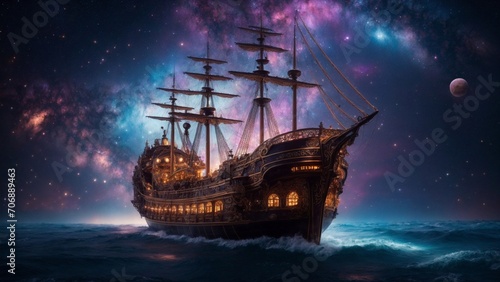 In the midst of a time-worn cosmos, a breathtaking steampunk caravel sails amidst the electrifying wonders of the universe, captured in a mesmerizing long exposure cinematic photograph. 