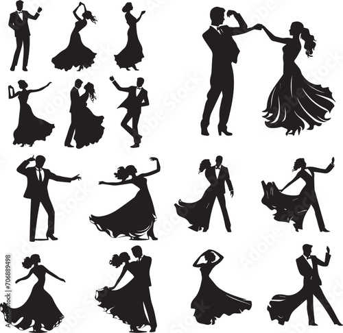 Young couples silhouette dancing on white background 