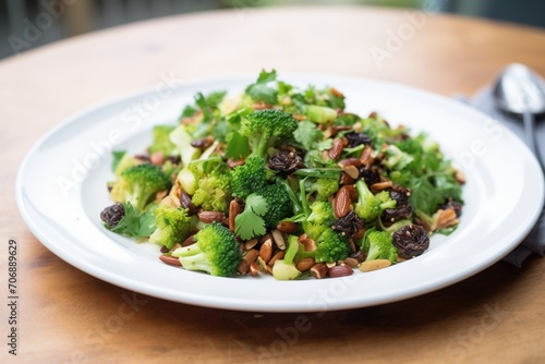 garnished broccoli raisin salad with parsley flakes