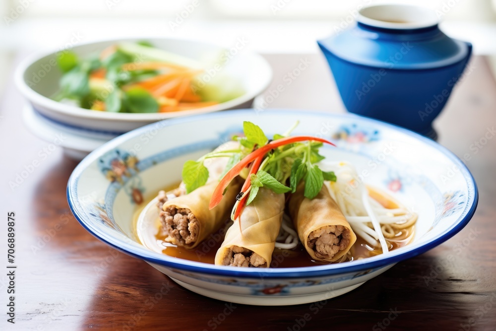 bun cha with a side of crispy spring rolls bun cha with a side of crispy spring rolls