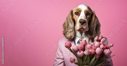 A anthropoid dog in a business suit with a bouquet on a pink background. Copy space. Banner. photo