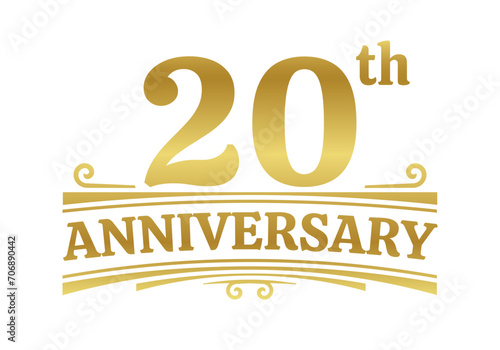 20 years anniversary logo, icon or badge. 20th birthday, jubilee celebration, wedding, invitation card design element. Vector illustration.