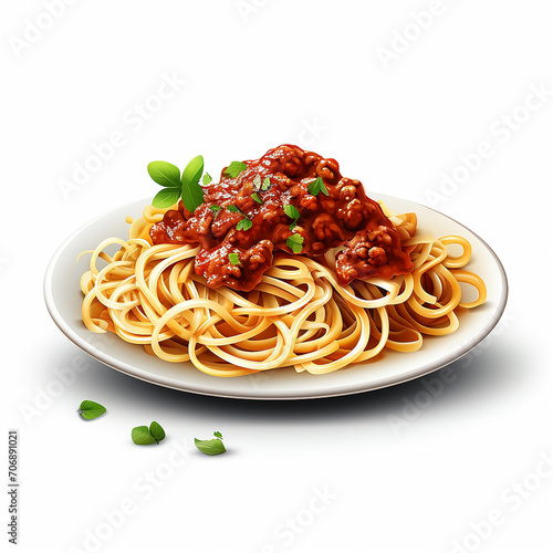 Spaghetti Bolognese with tomato sauce and basil on plate isolated on white background