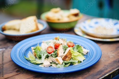 chicken caesar salad with multigrain bread on a blue plate