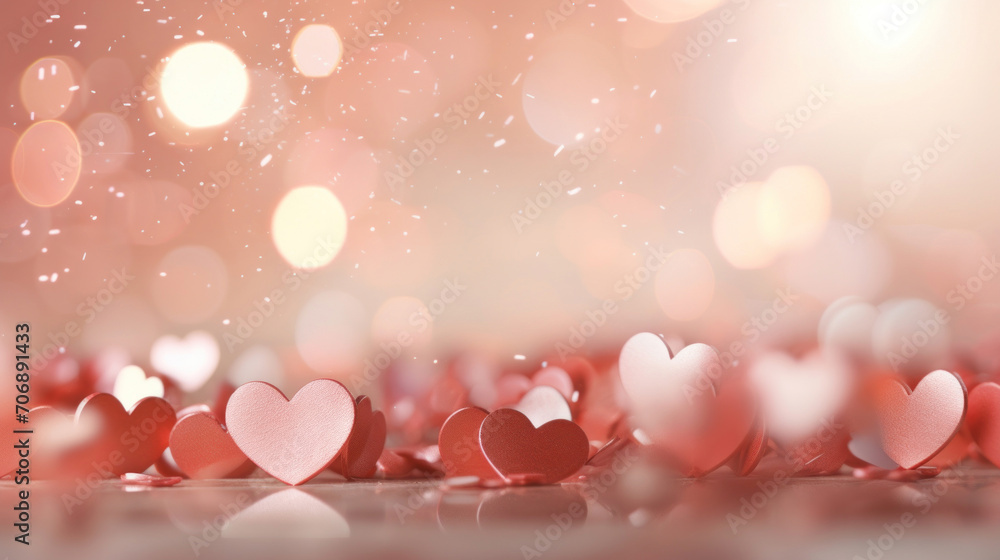 Valentine's Day background with red paper hearts and sparkling bokeh, perfect for romantic and love-themed designs.