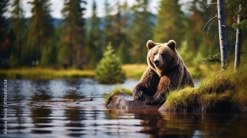 A brown bear on the shore of a reservoir in the taiga A brown bear on the shore of a reservoir in the taiga