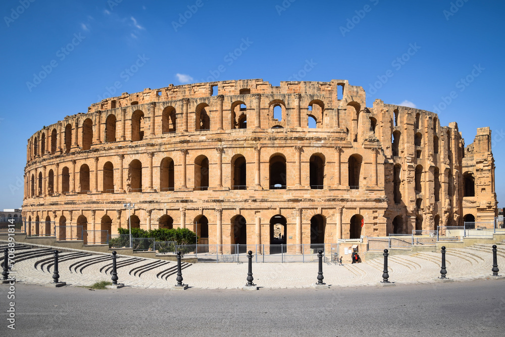 The ruins of ancient roman amphitheater in El-Jem. The largest colosseum in North Africa. Mahdia governorate, Tunisia.	