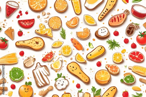 Cheerful finger smileys with food and kitchen hand drawn icons beautiful white view 