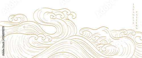 Abstract landscape with Japanese wave pattern vector. Nature art background with Chinese wave and cloud template in oriental style.