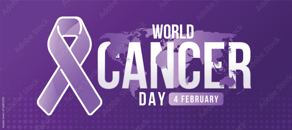 World cancer day text cross purple world map and lavender cancer ribbon sign on dark purple texture background vector design World cancer day text cross purple world map and lavender cancer ribbon sign on dark purple texture background vector design