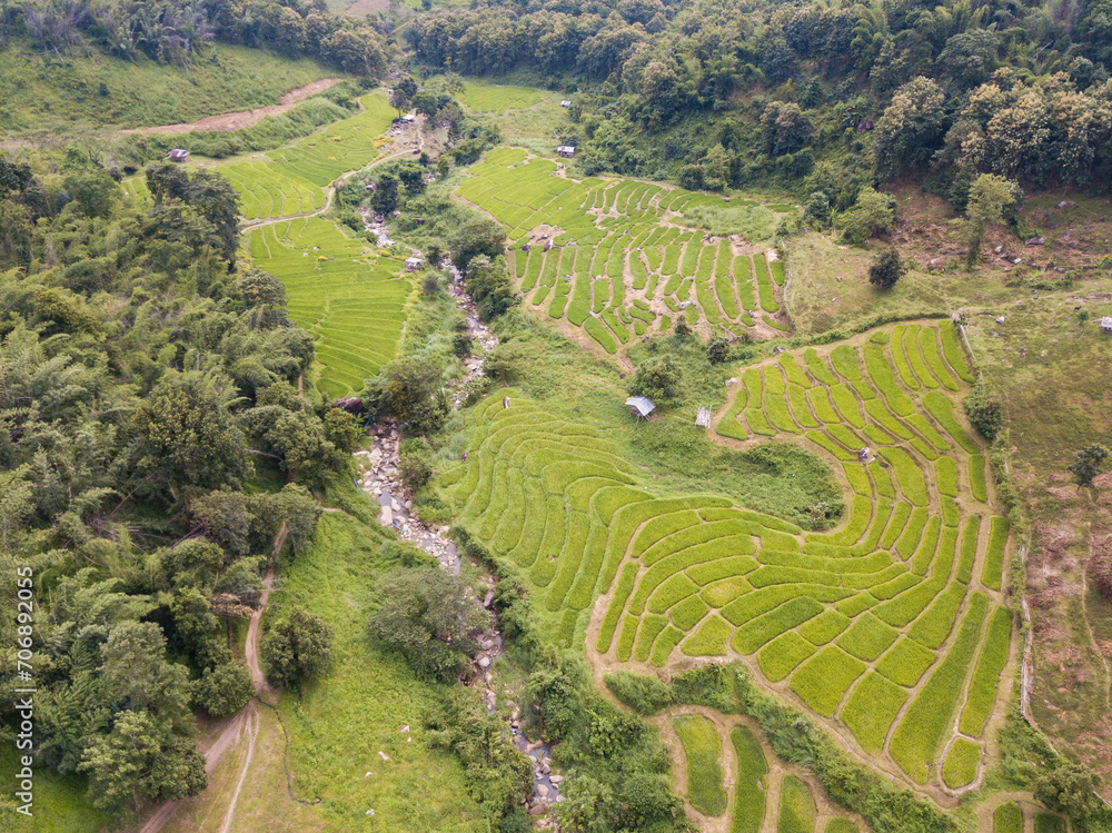 Aerial view of rice terraces in Ban Li Khai village in rural area of Chiang Rai province of Thailand.
