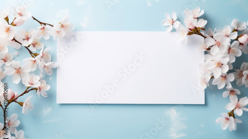 A pristine blank card framed by delicate cherry blossoms on a soft blue background, ideal for invitations or springtime greetings.