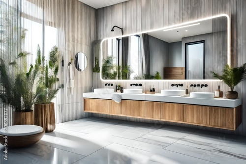 Stylish white sink in modern bathroom interior with mirror beautiful view