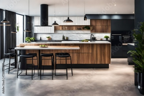 Modern kitchen interior with new stylish furniture. Banner design black view with lighting 