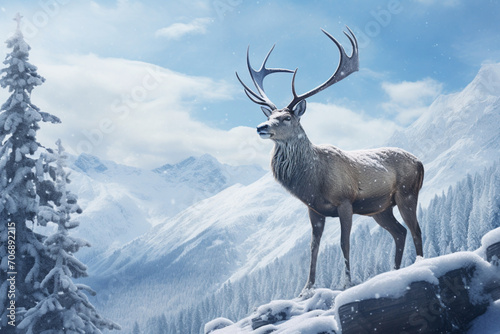 Deer in the mountains and snow 