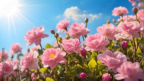 Spring flowers with sky and sun light in morning time