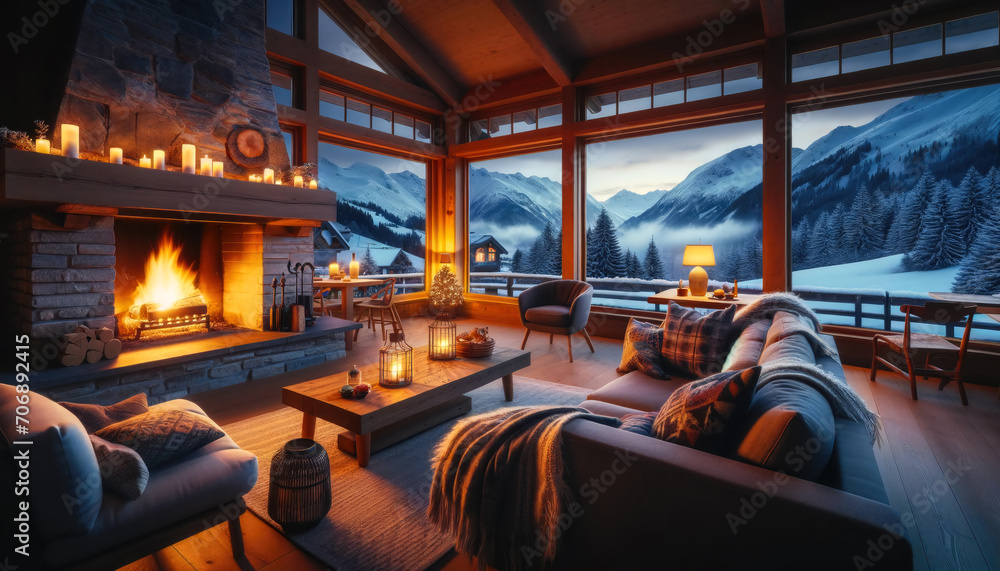 Cozy Evening in Mountain Cabin with Roaring Fireplace, Comfortable Seating, Warm Lighting, Snowy Landscape View Cozy Evening in Mountain Cabin with Roaring Fireplace, Comfortable Seating, Warm Lighting, Snowy Landscape View