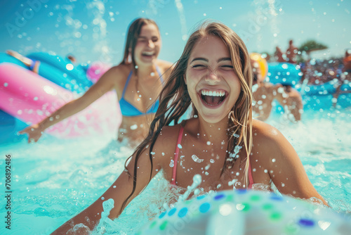 Laughing young women enjoying an aqua park
