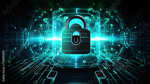 Cyberspace privacy and security concept, padlock icon on technology background.