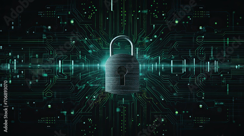 Cyberspace privacy and security concept, padlock icon on technology background.