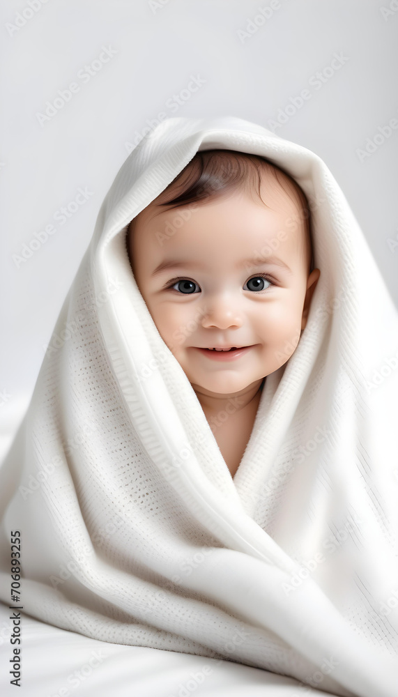 Beautiful smiling baby covered in blanket and looking outside Beautiful smiling baby covered in blanket and looking outside