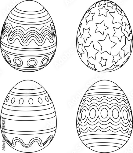 A set of Easter Eggs in black and white outline, possibly for coloring in, cartoon drawing photo