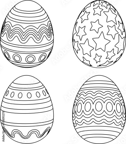 A set of Easter Eggs in black and white outline, possibly for coloring in, cartoon drawing