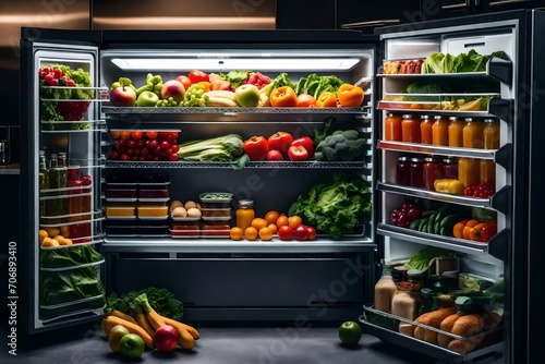 an open luxury refrigerator filled with lots of different types of food and drinks in it's door, with a shelf full of fruits and vegetables beautiful view photo
