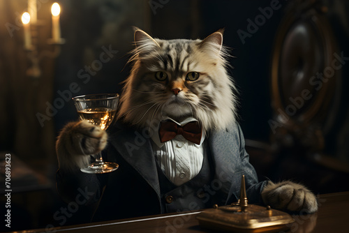 An anthropomorphic respectable cat in a suit sits at the bar counter and holds a glass of wine in his paws